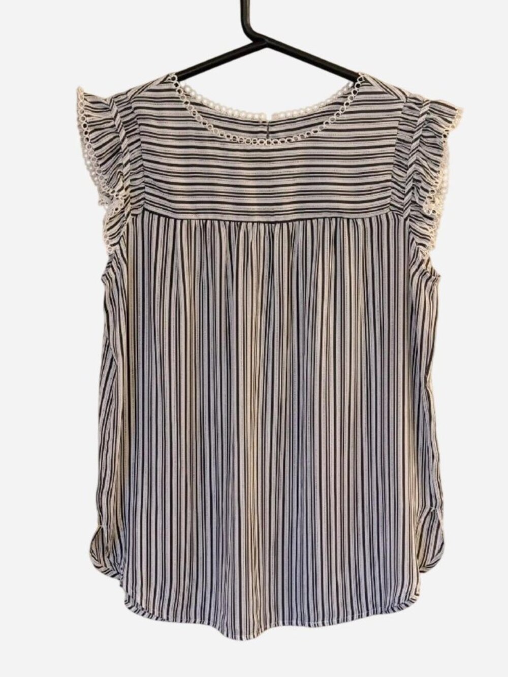 LOFT White & Navy Striped Ruffle Sleeve Top Size S